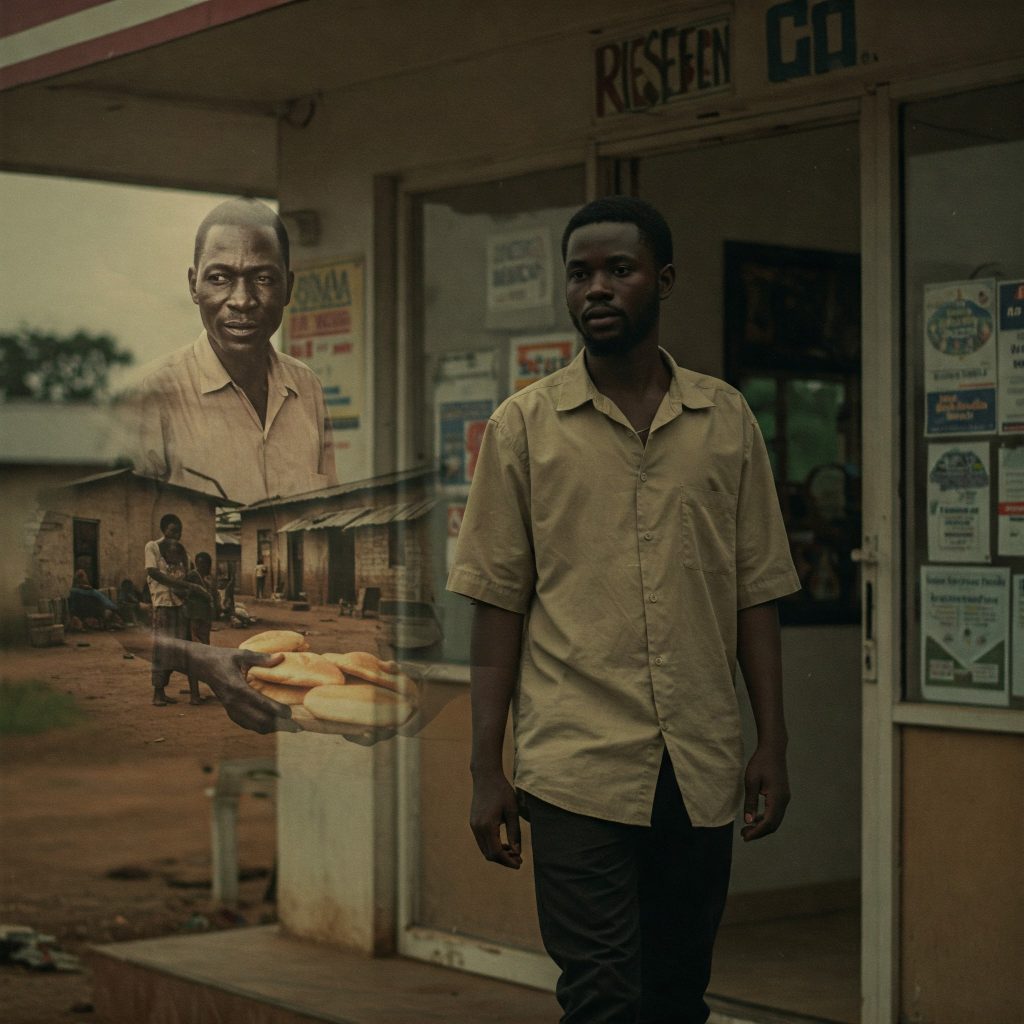A young Black African man in simple clothes stands at the entrance of a modest office, with a faded overlay showing a Black African father sharing bread with his family in a compound. Warm, soft lighting