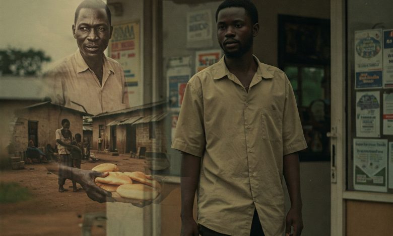 A young Black African man in simple clothes stands at the entrance of a modest office, with a faded overlay showing a Black African father sharing bread with his family in a compound. Warm, soft lighting