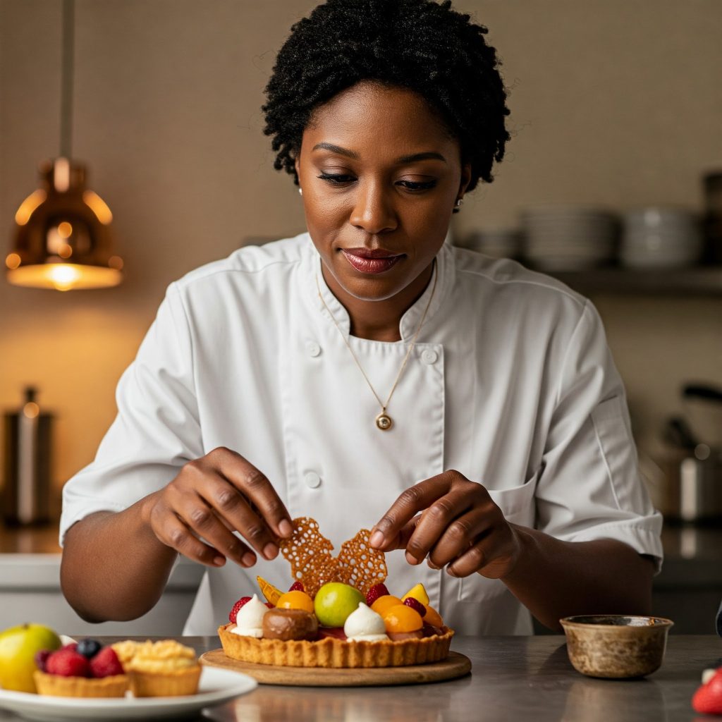 A pastry chef carefully places delicate decorations on a colorful fruit tart in a professional kitchen