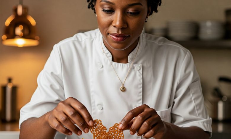 A pastry chef carefully places delicate decorations on a colorful fruit tart in a professional kitchen