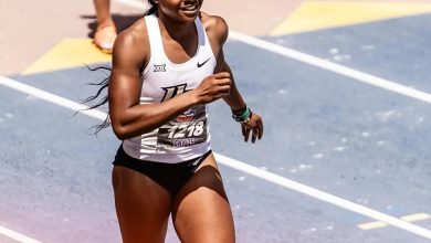 Adaobi Tabugbo, focused and determined, warming up on the track before her 100m hurdles race at the NCAA Prelims