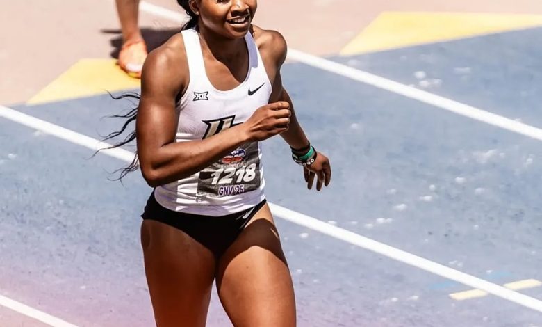 Adaobi Tabugbo, focused and determined, warming up on the track before her 100m hurdles race at the NCAA Prelims