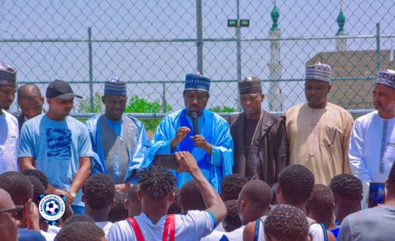 Senator Barau I. Jibrin speaking to Barau FC players and officials during a motivational visit ahead of the 2025 NNL Super Eight Playoffs.