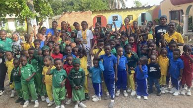 Bernice Onoriode with the pupils of her former school