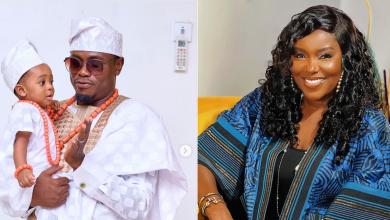 Collage of Nollywood actress Biola Adebayo and her ex-husband Oluwaseyi, featuring warm family moments and formal public appearances