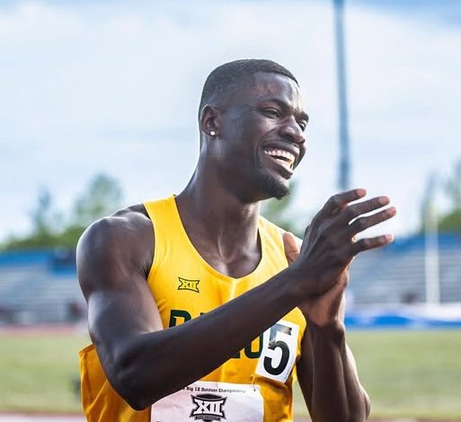 Ezekiel Nathaniel celebrates after winning the 400m hurdles at the NCAA Championships with a time of 47.49 seconds, setting a new Nigerian national record.
