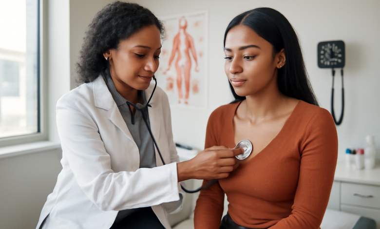 A young Nigerian woman having her blood pressure checked at a hospital, importance of health check-ups