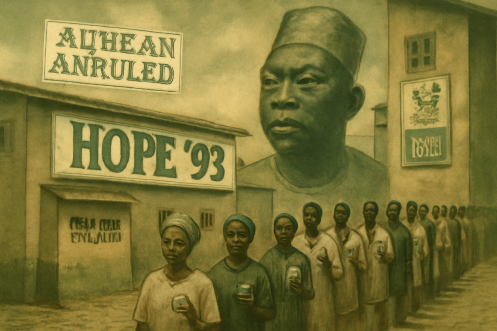 A sepia-toned illustration of Nigerian voters standing in line at a polling station during the June 12 1993 elections, with a faded portrait of MKO Abiola in the background and a banner reading "HOPE '93". A newspaper headline floating above reads "Election Annulled