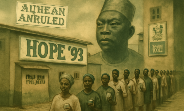 A sepia-toned illustration of Nigerian voters standing in line at a polling station during the June 12 1993 elections, with a faded portrait of MKO Abiola in the background and a banner reading "HOPE '93". A newspaper headline floating above reads "Election Annulled