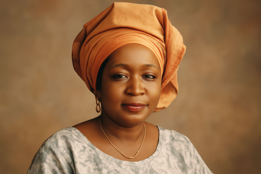 Portrait of Kudirat Abiola in her lifetime, wearing traditional Nigerian attire and radiating confidence.
