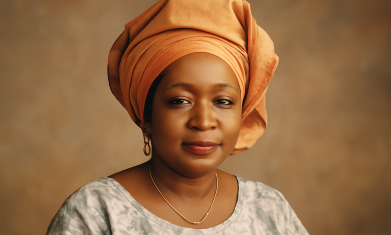 Portrait of Kudirat Abiola in her lifetime, wearing traditional Nigerian attire and radiating confidence.