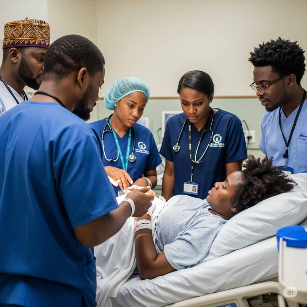 Caregivers attending to a woman during labour