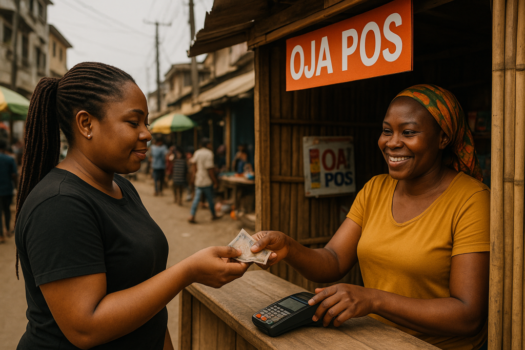 Two Nigerian women exchange money at a wooden POS kiosk labeled "Oja POS" on a lively street, with one woman smiling as she hands over the cash.