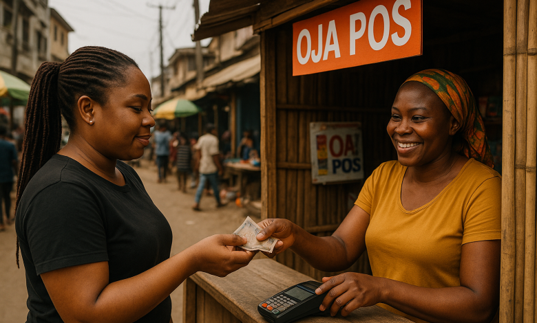 Two Nigerian women exchange money at a wooden POS kiosk labeled "Oja POS" on a lively street, with one woman smiling as she hands over the cash.
