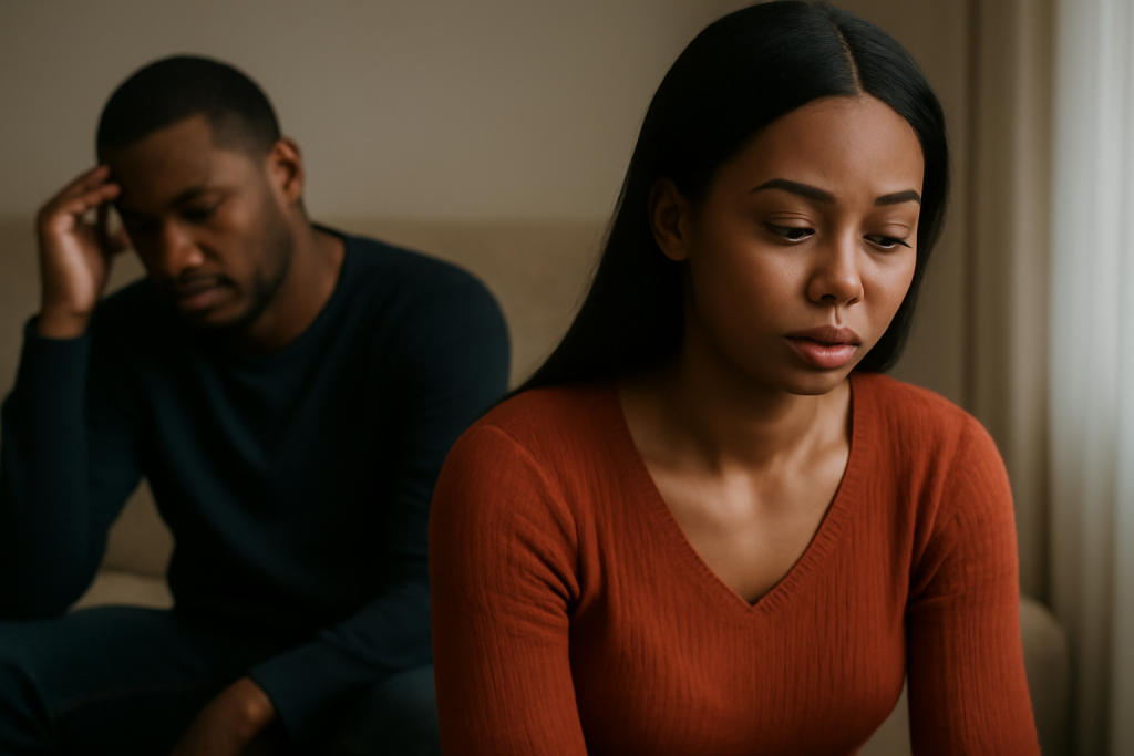 Adebayo and Zainab sit together, both lost in thought, reflecting on the breakdown of their marriage in Abuja, Nigeria