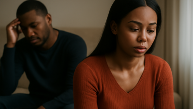 Adebayo and Zainab sit together, both lost in thought, reflecting on the breakdown of their marriage in Abuja, Nigeria