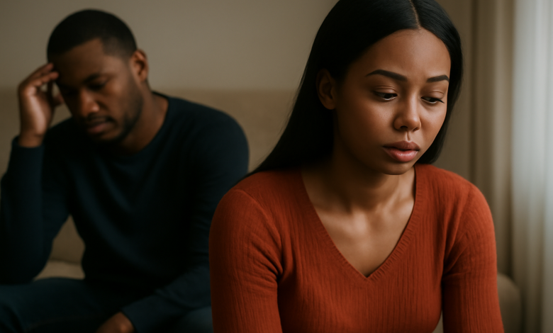 Adebayo and Zainab sit together, both lost in thought, reflecting on the breakdown of their marriage in Abuja, Nigeria