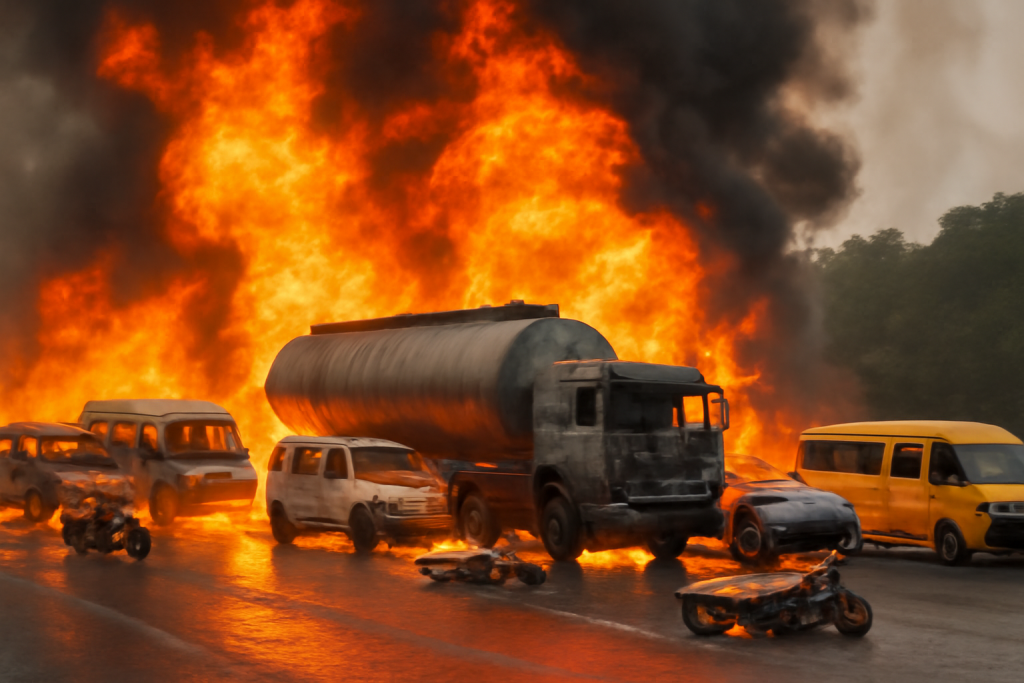 Otedola Bridge Tanker Explosion: Remembering the 2018 Lagos Inferno and Its Lasting Impact Illustration depicting the fiery explosion of a fuel tanker on Otedola Bridge, Lagos-Ibadan Expressway, showing flames engulfing vehicles and thick smoke rising.