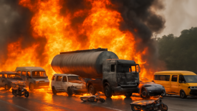Illustration depicting the fiery explosion of a fuel tanker on Otedola Bridge, Lagos-Ibadan Expressway, showing flames engulfing vehicles and thick smoke rising.