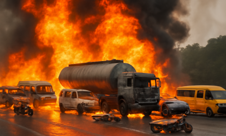 Illustration depicting the fiery explosion of a fuel tanker on Otedola Bridge, Lagos-Ibadan Expressway, showing flames engulfing vehicles and thick smoke rising.