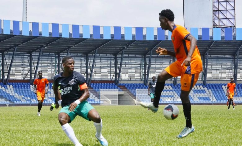 Real Sapphire FC players celebrate a goal against FC Ebedei during the Ibadan NLO Playoff match