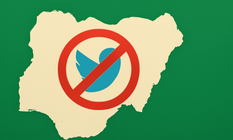 Illustration symbolizing the Twitter ban in Nigeria with a locked Twitter logo and the Nigerian map.