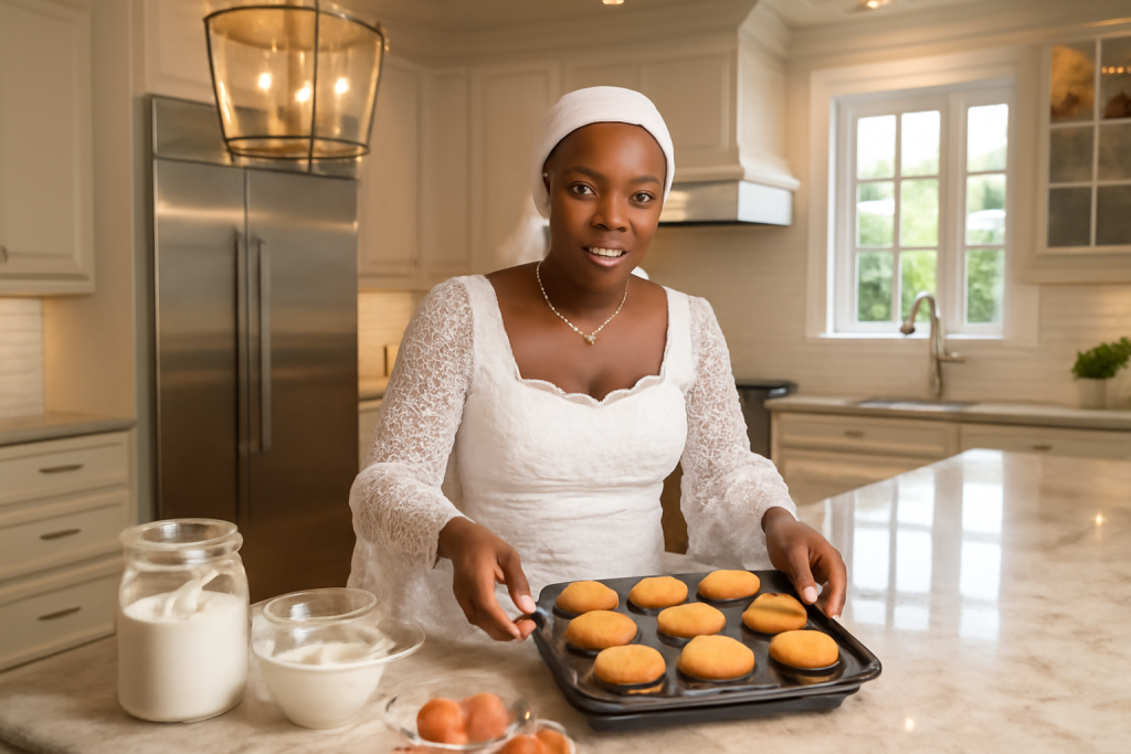 Meenah, dressed in an elegant white lace gown, baking cupcakes in a luxurious and spacious kitchen.