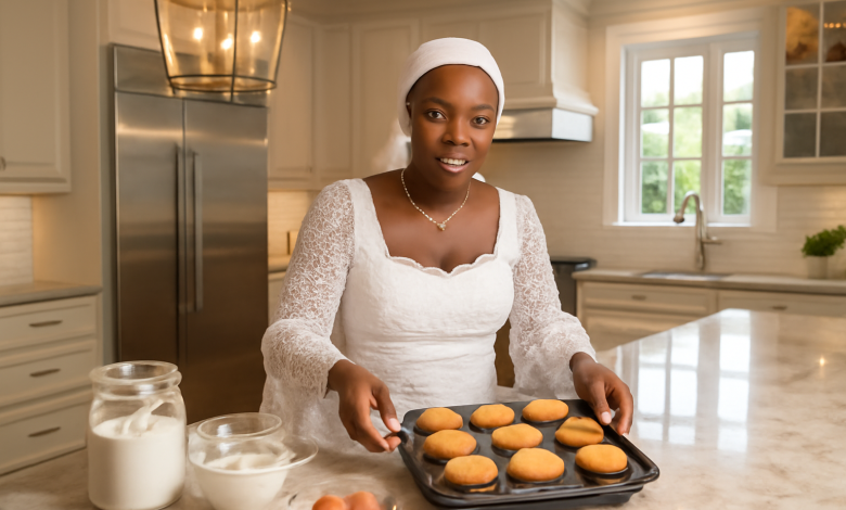 Meenah, dressed in an elegant white lace gown, baking cupcakes in a luxurious and spacious kitchen.