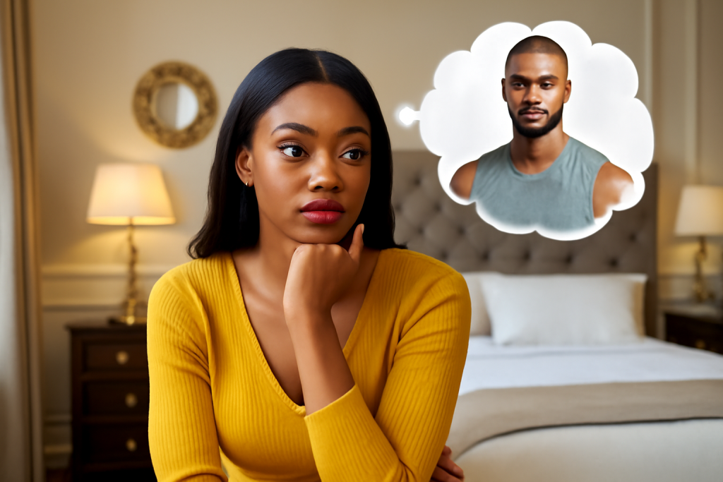 A thoughtful woman sitting alone, looking contemplative as she misses a man.