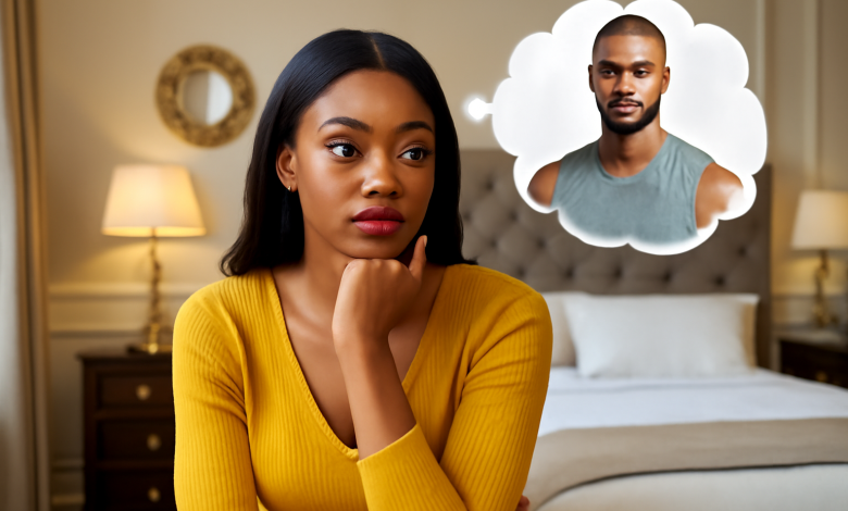 A thoughtful woman sitting alone, looking contemplative as she misses a man.