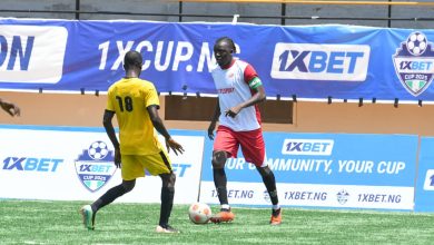 Akpororo attempting to dribble past a defender during 1XBet Matchday 4 football match at Inspire Sports Arena in Lagos