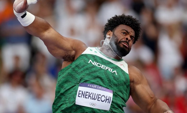 Chukwuebuka Enekwechi launches a powerful shot put throw during the Eugene Diamond League, setting a new African record of 22.10 metres.
