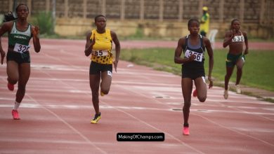 Success Oyibu crosses the finish line ahead of Lucy Nwankwo and Cynthia Chioma Nweke in the U20 Women’s 200m final at the Nigerian Junior Championships.