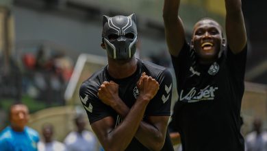 Akinocho Merveille of Beyond Limits FA celebrates his decisive goal in the TCC Super Cup final with a mask covering his face at Mobolaji Johnson Arena, Lagos.