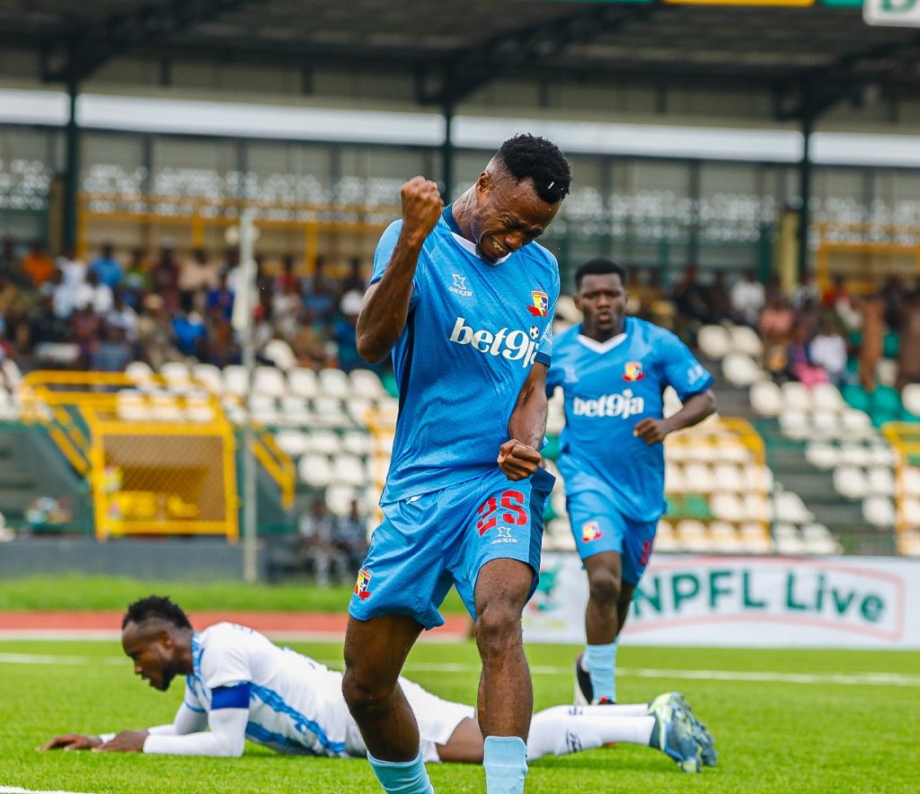 Victor Mbaoma celebrates his goal for Remo Stars