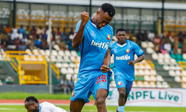 Victor Mbaoma celebrates his goal for Remo Stars