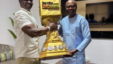 Hajji Liameed Gafar presented the Ex-International Trophy to Honourable Kunle Soname