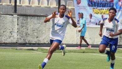 FC Robo Queens players celebrated one of their goals against Delta Queens in NWFL Matchday Three Fixture