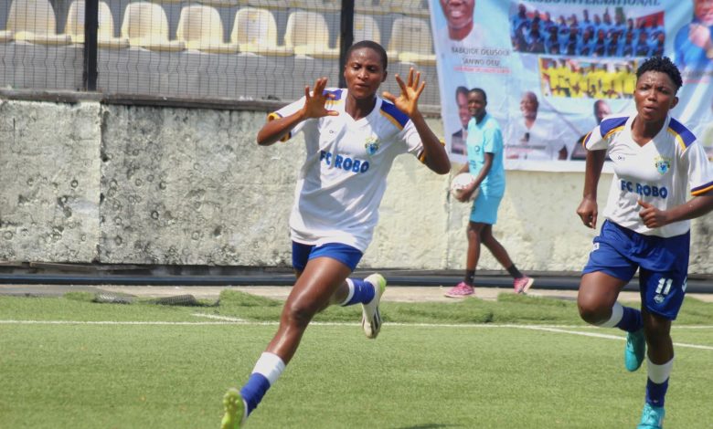 FC Robo Queens players celebrated one of their goals against Delta Queens in NWFL Matchday Three Fixture