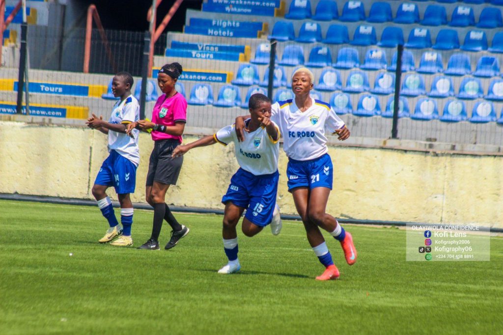 NWFL Premiership Matchday Five Recap: FC Robo Queens’ Perfect, Rivers Angels Shine, Bayelsa, Stay Top Opeyemi Ajakaiye celebrated her goal with Kemi Adegbuyi in the NWFL Premiership Matchday Five